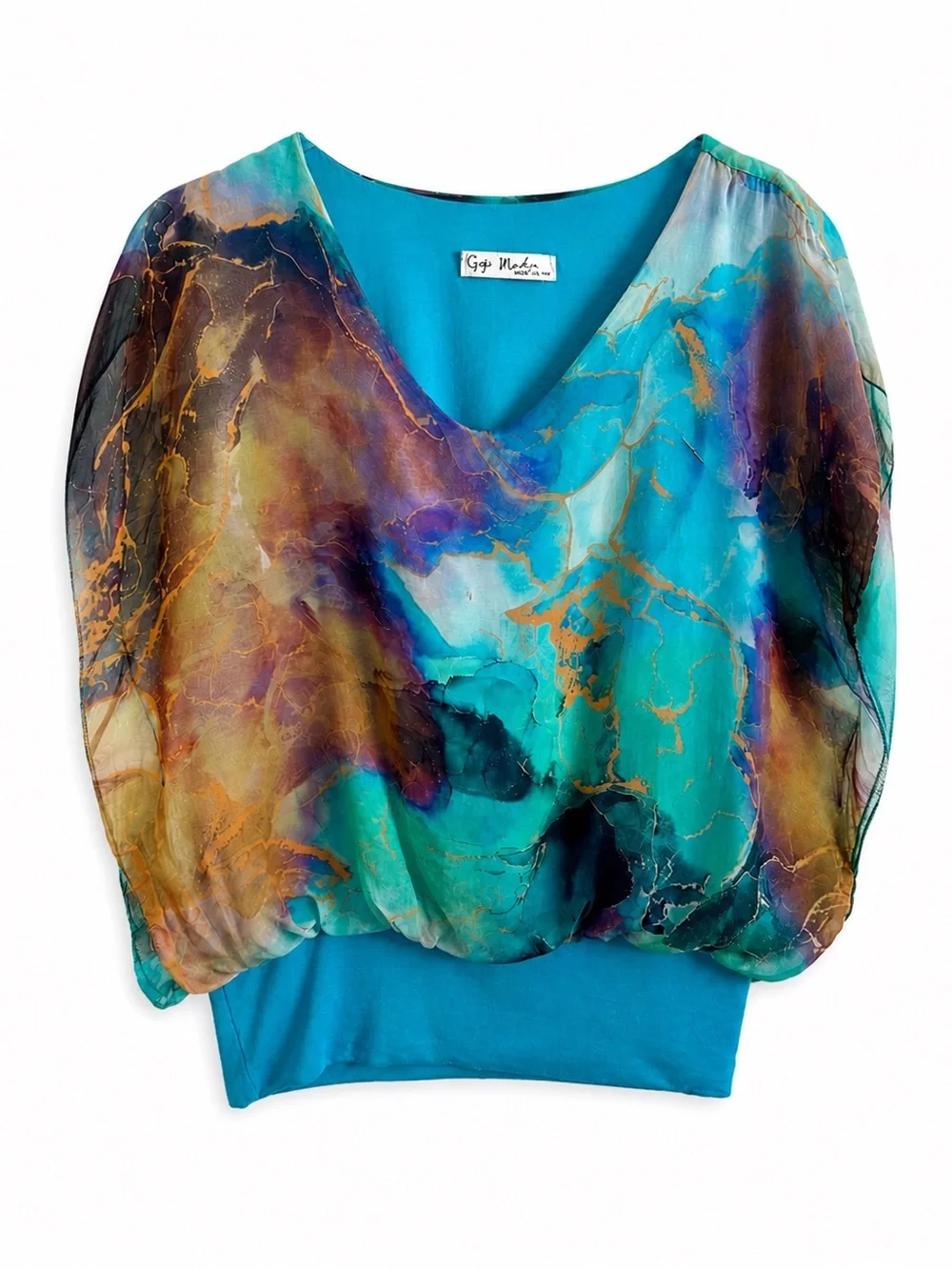 GIGI MODA AMANTE TURQUOISE TEMPESTA SILK ART GALA COASTAL TOP ONE SIZE OS - Picture 2 of 4